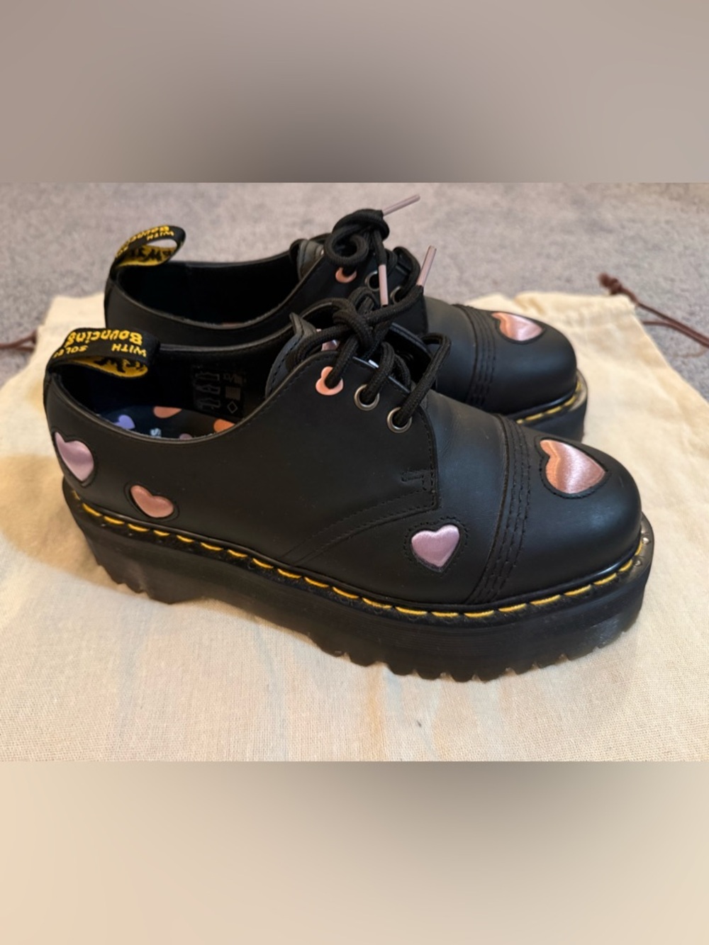 Dr. Martens Black Leather Oxford with Pink and Orange Heart Insole
